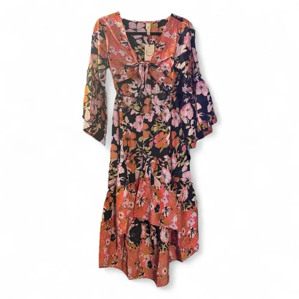 NEW RAGA Vera Floral Boho High Low Flowy Maxi Dress Tie Front Cottagecore Size S - Picture 5 of 9
